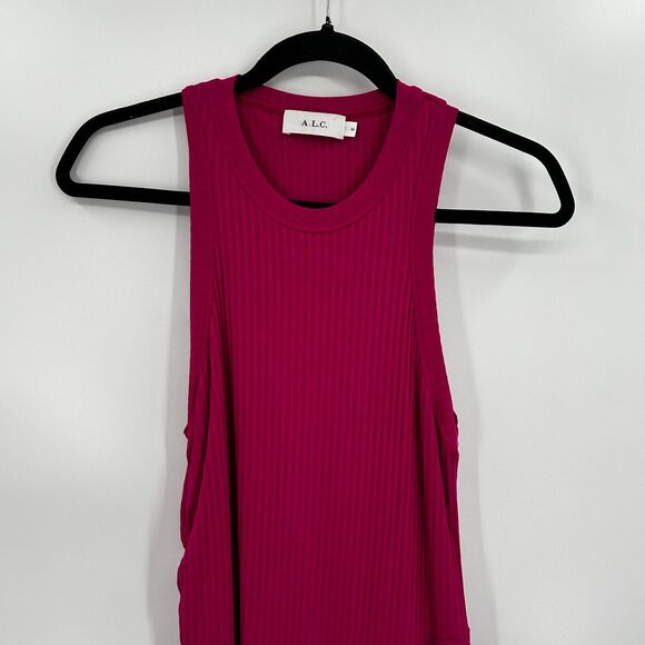 A.L.C. Pink Bea Ribbed Knit Stretch Bodycon Asymmetrical Hem Mini Dress Medium - Picture 5 of 10